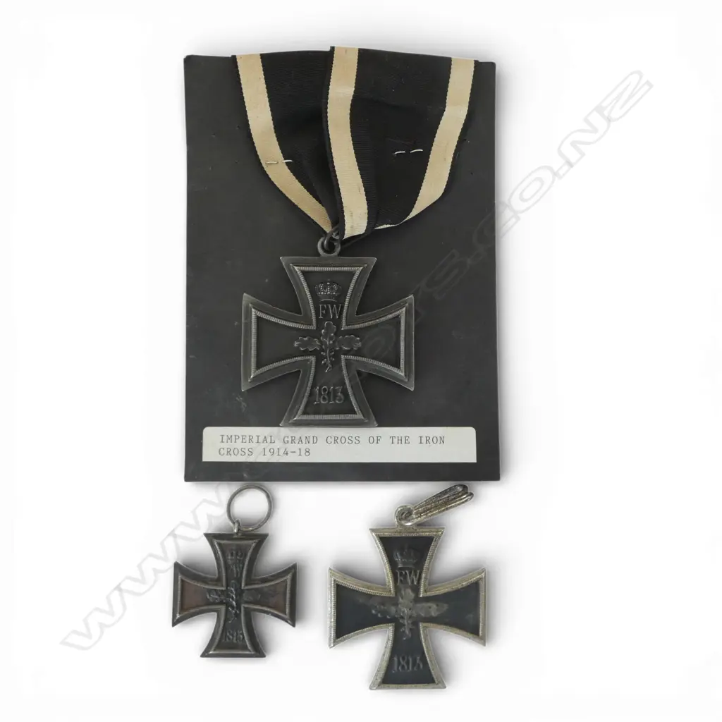 3 IRON CROSS MEDALS: 2 LGE + 1 MEDIUM. 1 MOUNTED ON CARD 'Imperial Grand Cross of the Iron Cross 1914-18'/ Image 1++