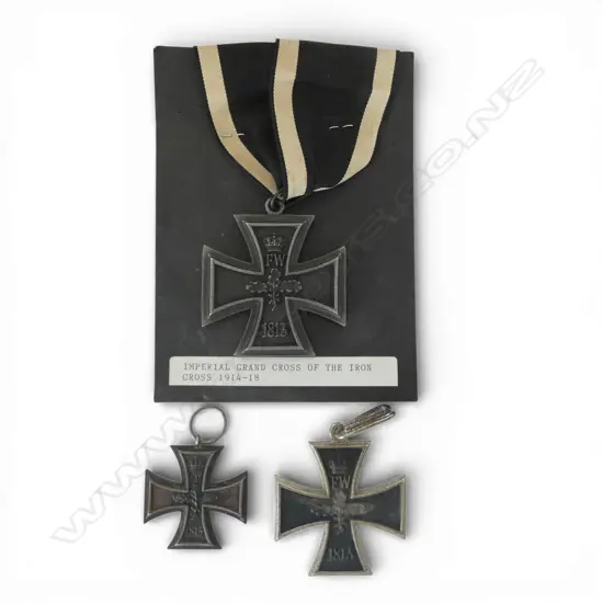 3 IRON CROSS MEDALS: 2 LGE + 1 MEDIUM. 1 MOUNTED ON CARD 'Imperial Grand Cross of the Iron Cross 1914-18'/