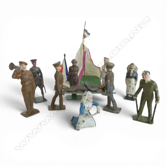 11 VINTAGE BRITAINS/JOHN HILL WWI HOLLOW LEAD MODELS; CASUALTY TENT, NURSES etc