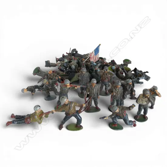 53 TIMPO USA MAKE MOSTLY HOLLOW CAST WWII GI FIGURES Incl. flag/mortars, stretcher, machine gun etc