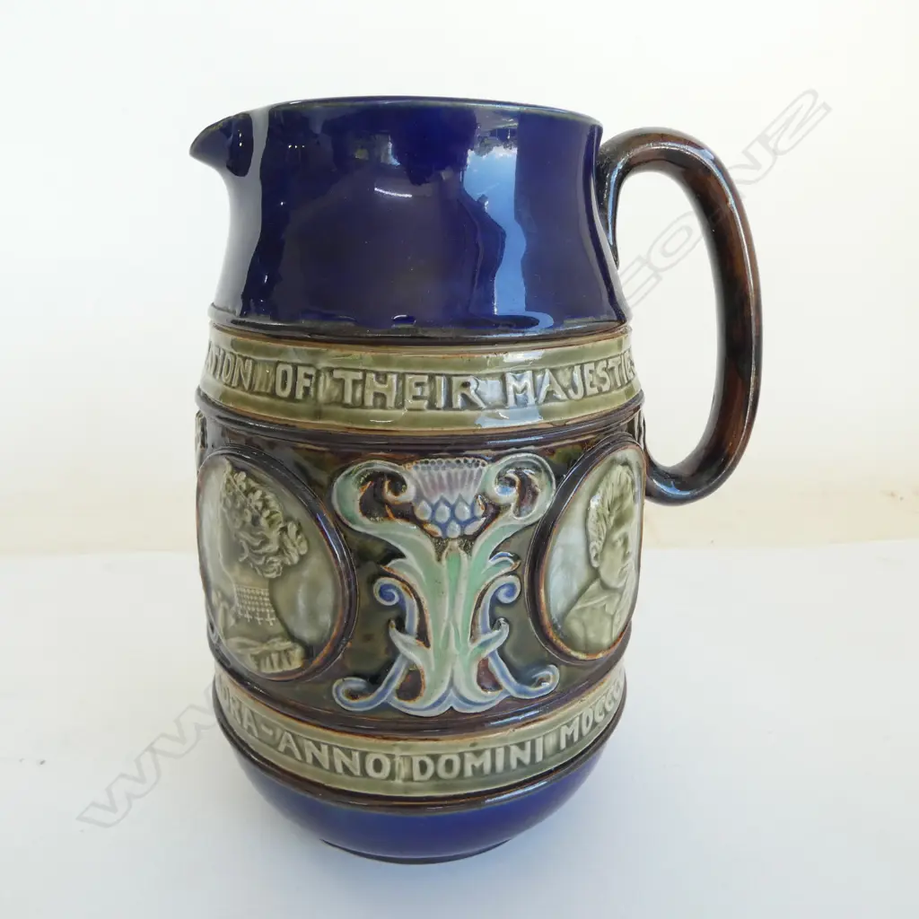 ROYAL DOULTON STONE WARE Edward VII Coronation JUG. Art Nouveau. Dble portrait. H.190mm Image 1++
