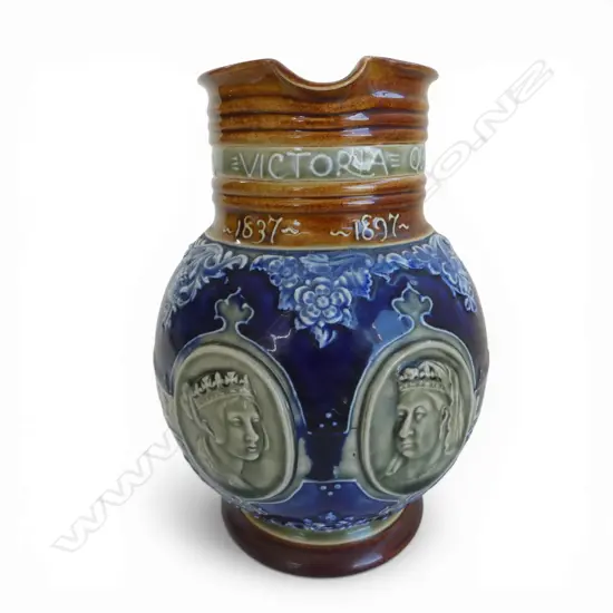 DOULTON LAMBETH STONE WARE Queen Victorian memorial JUG 1837-1897. With 2 portraits. Possibly by Annie Neal. H.190mm