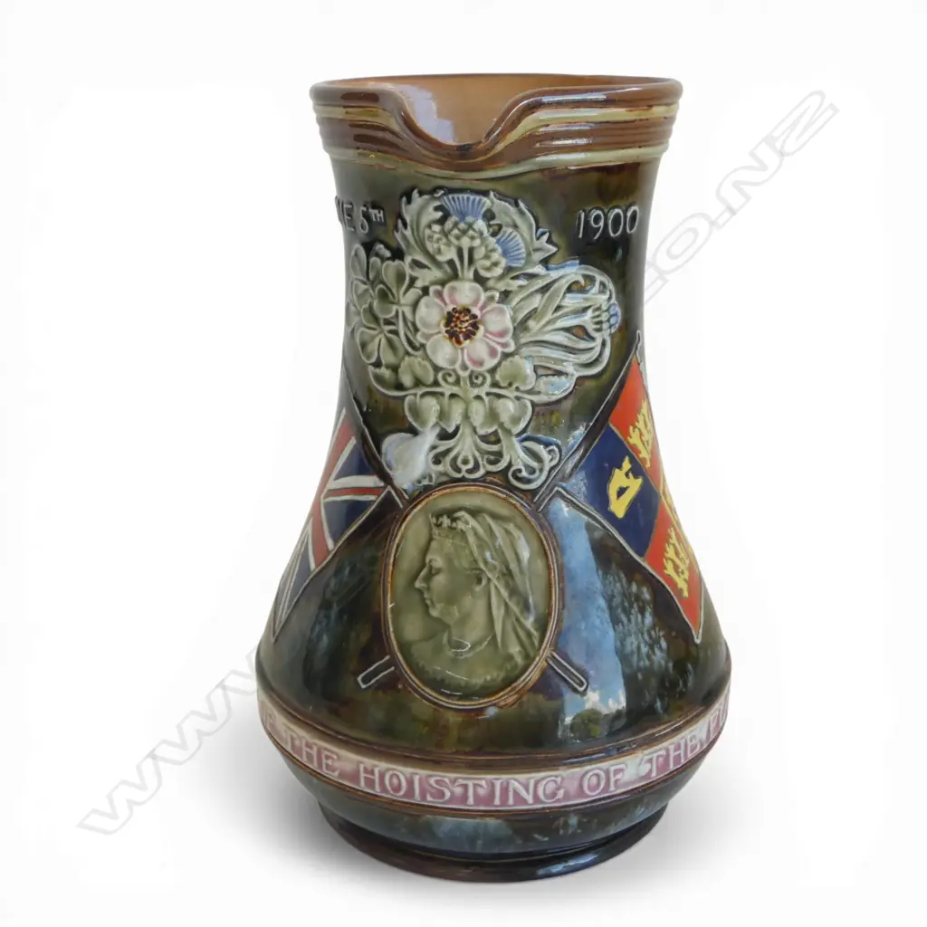 DOULTON LAMBETH commemorative JUG.Queen Vict. 'Hoisting Of The Flag At Pretoria'. Art Nouveau. Dble portrait. H.210mm Image 1++