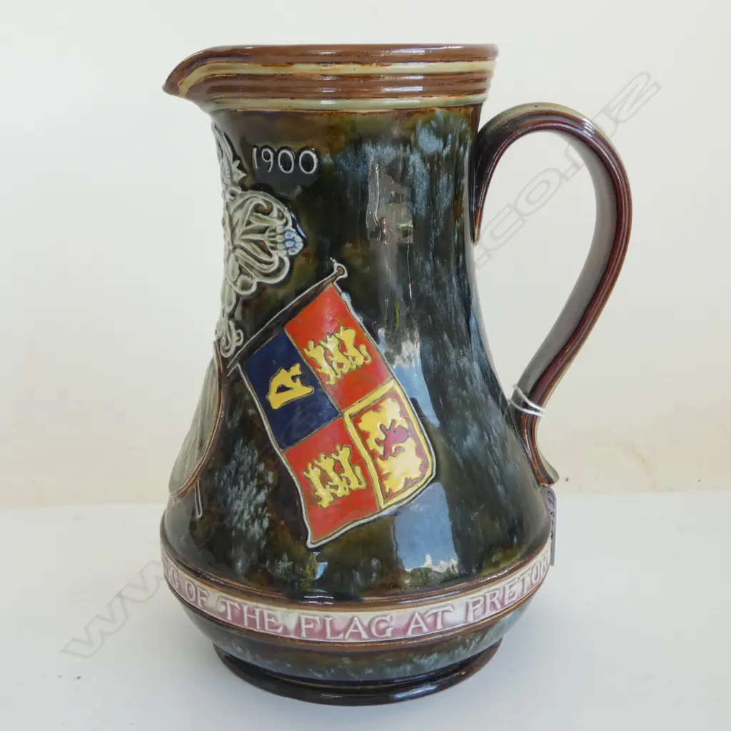 DOULTON LAMBETH commemorative JUG.Queen Vict. 'Hoisting Of The Flag At Pretoria'. Art Nouveau. Dble portrait. H.210mm Image 1++