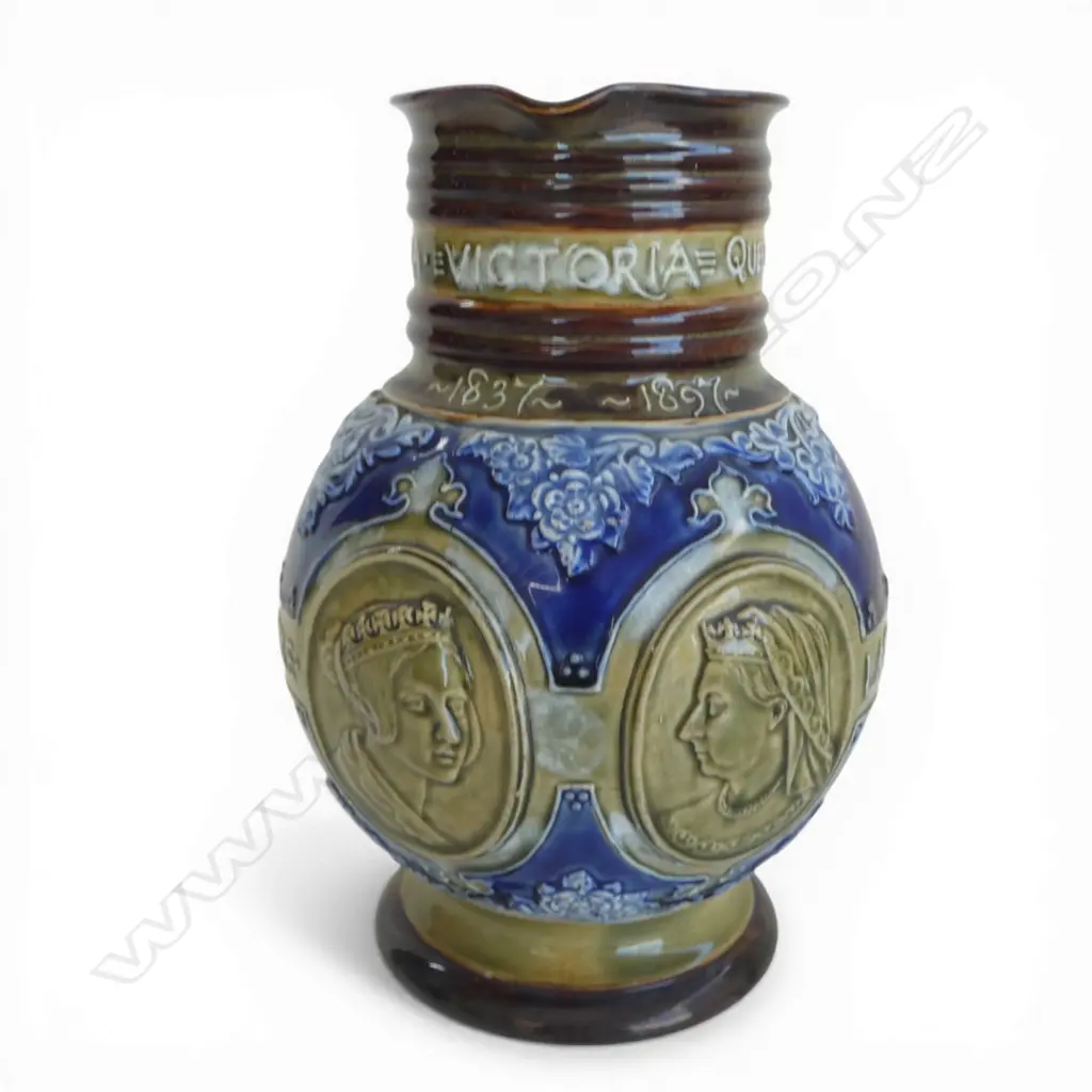 DOULTON LAMBETH STONE WARE Queen Victorian memorial JUG 1837-1897. With 2 portraits. By Emily Partington. H.240mm Image 1++