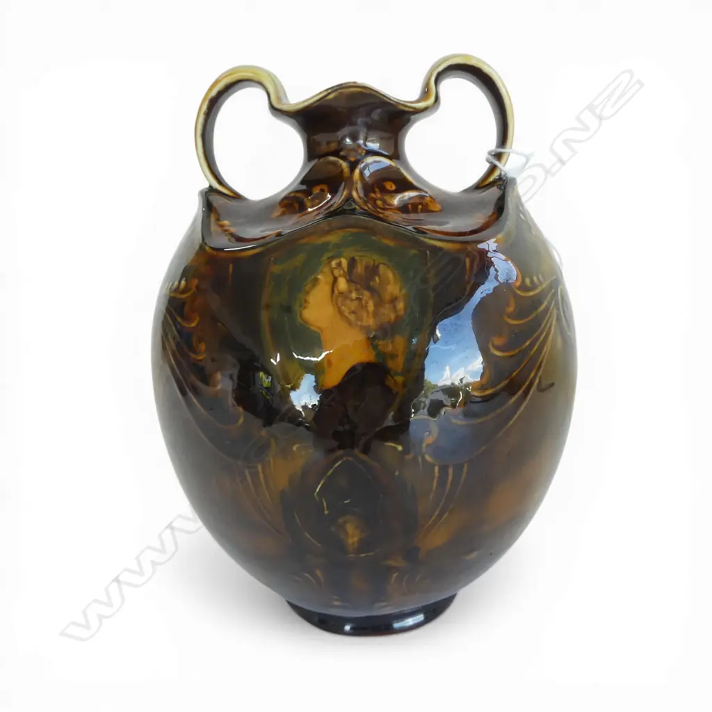 DOULTON BURSLEM ART NOUVEAU VASE portrait to shield highlight. Inscribed marks c.1890. Small chip to rim. H.200mm Image 1++