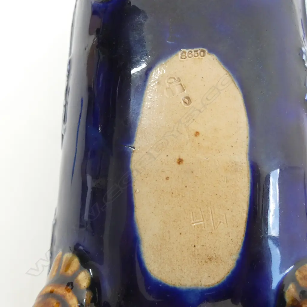 # Royal Doulton stoneware blue ground trough vase,  leafy scroll decoration, brown lug feet. L.290mm. minor chipping Image 1++