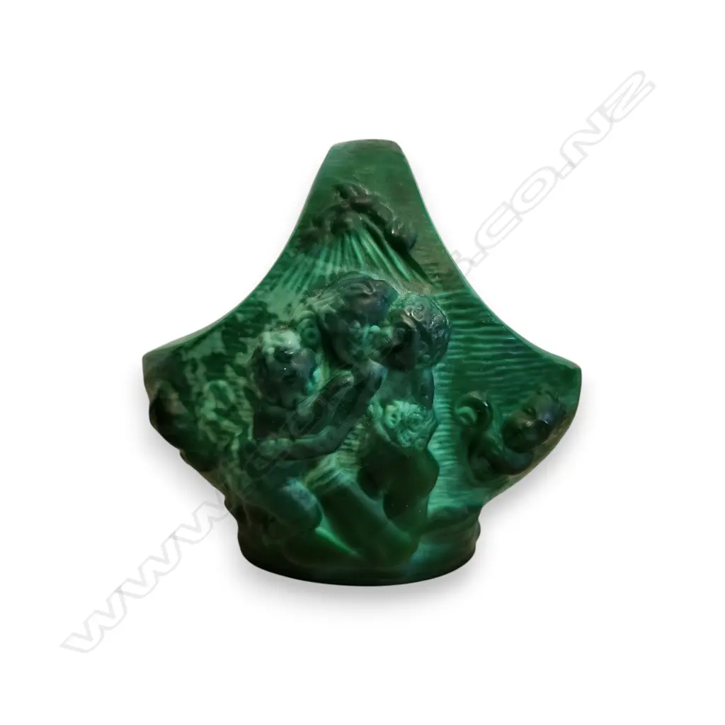 CZECH BOHEMIAN MALACHITE GLASS BASKET Image 1++