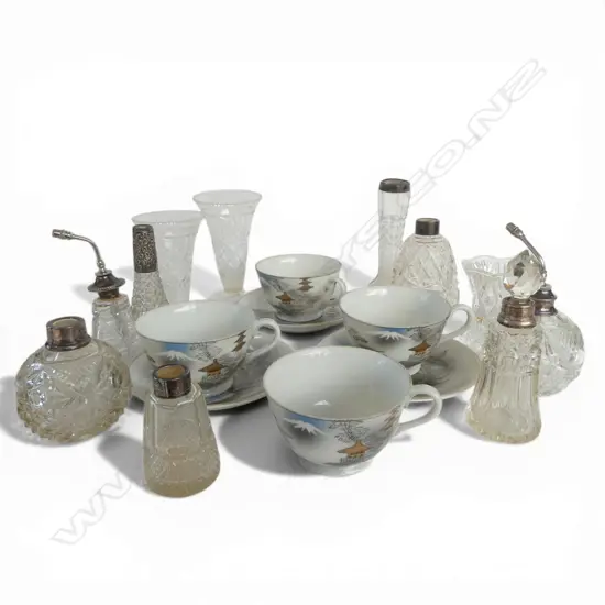 8 CRYSTAL CONTAINERS w. STG SILVER TRIM, ETC