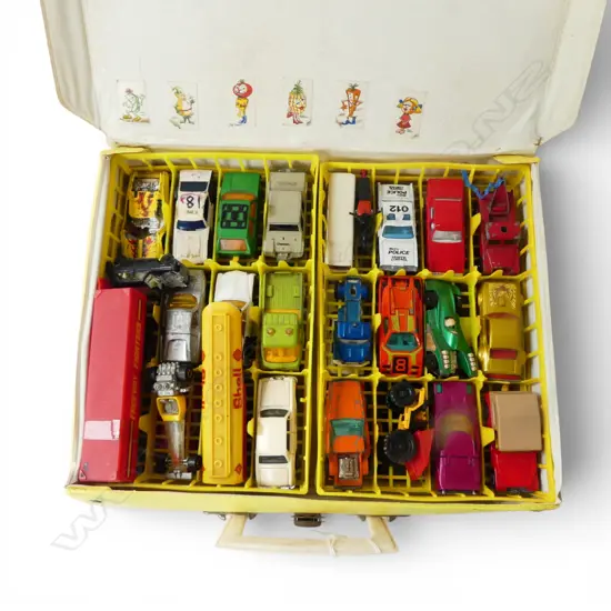 Vintage 'Mini Auto Box' toy car carry case with collection of Matchbox cars & vehicles