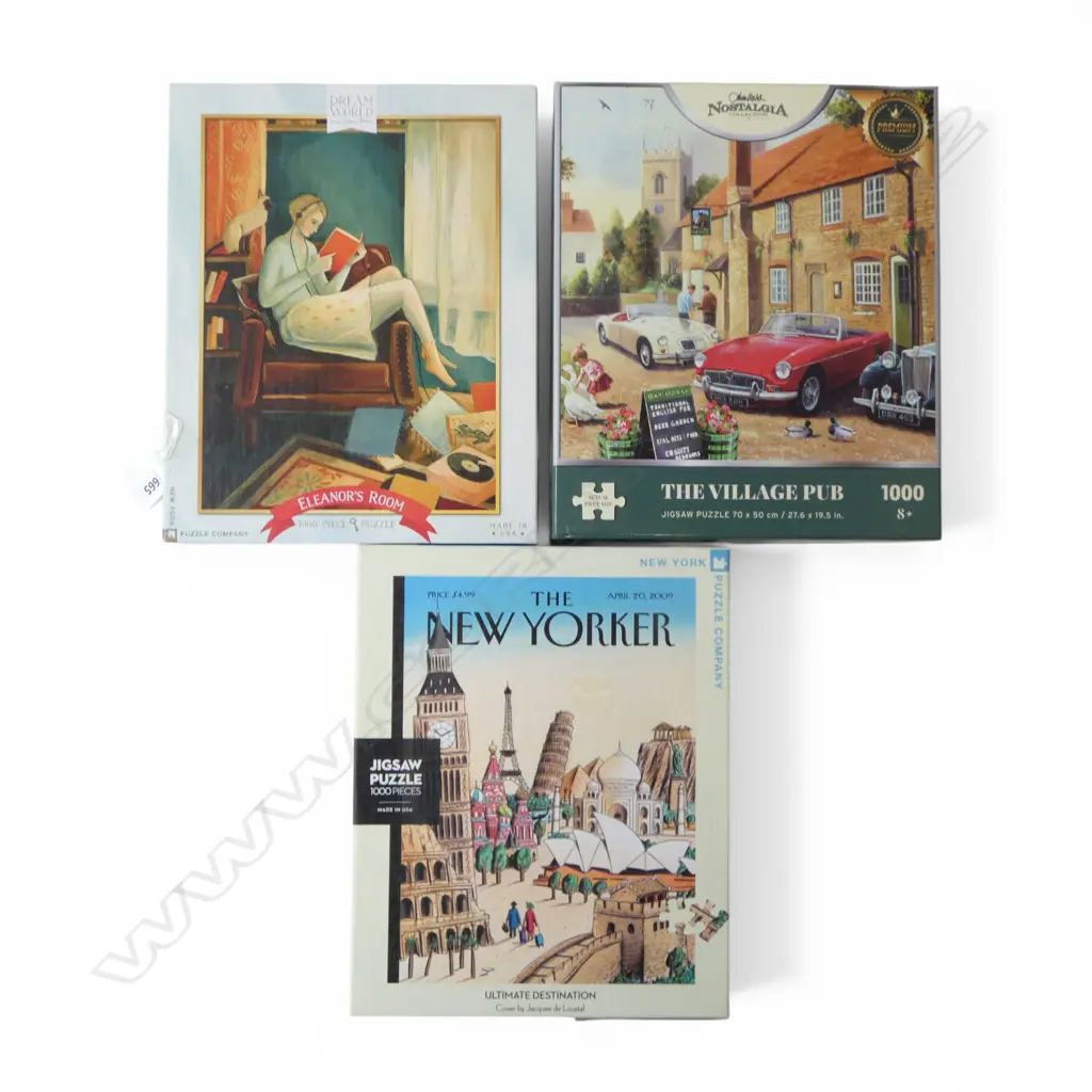 THREE 1000 PC JIGSAW PUZZLES; 2 NEW YORK PUZZLE CO, & THE VILLAGE PUB Image 1++