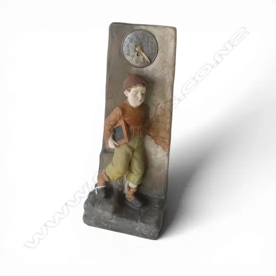 EARLY 20thC CERAMIC CLOCK, BOY w. SLATE; AUSTRIAN? H.515mm
