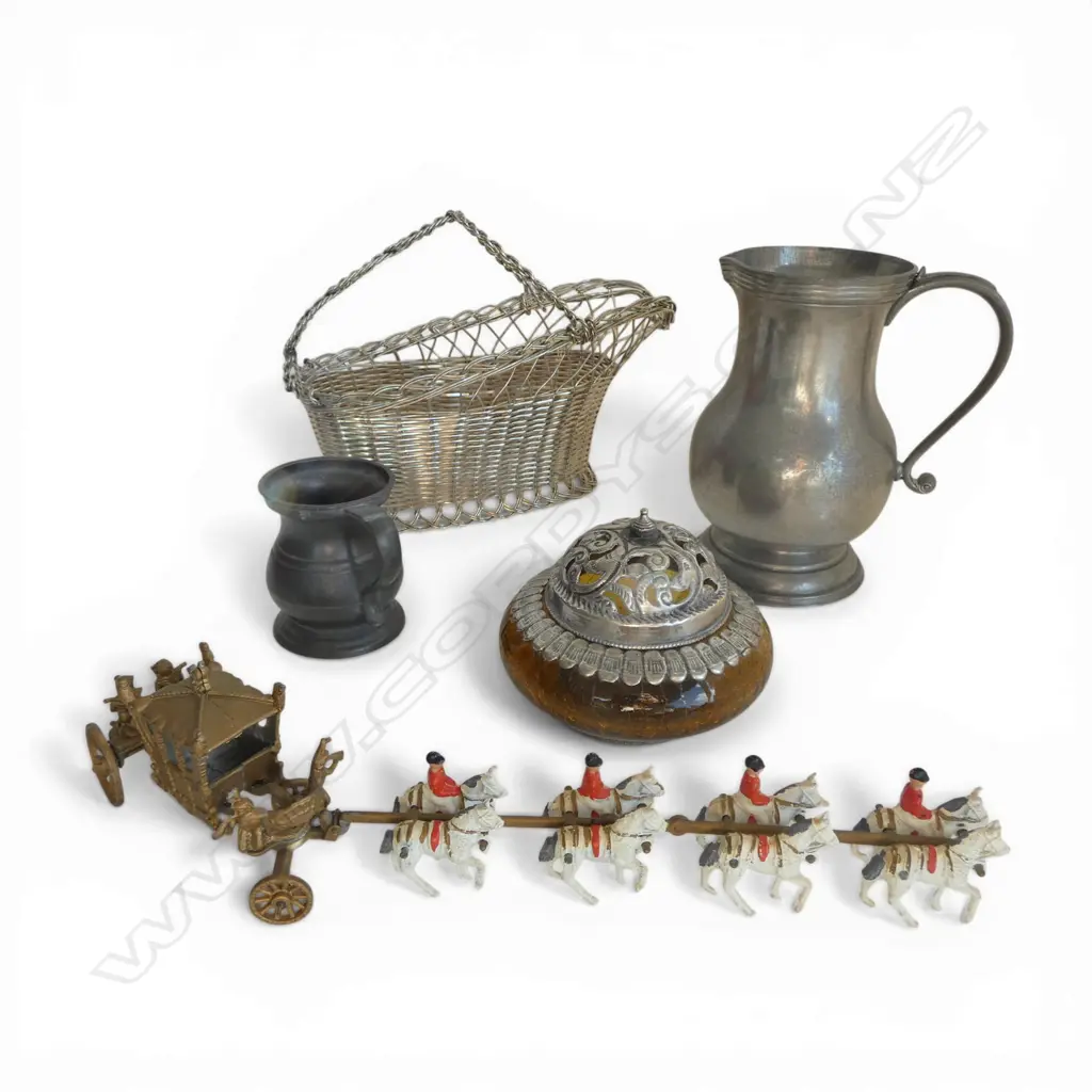 5 PCES; PEWTER JUG H.160mm & MEASURE, WINE BASKET, LIDDED CONTAINER, CORONATION COACH TOY Image 1++