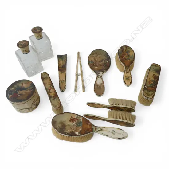 ANTIQUE FRENCH HAND-PAINTED IVORY 12 PCE SET; 6 brush, mirror, glove stretcher, shoe horn, container, 2 scent bottles
