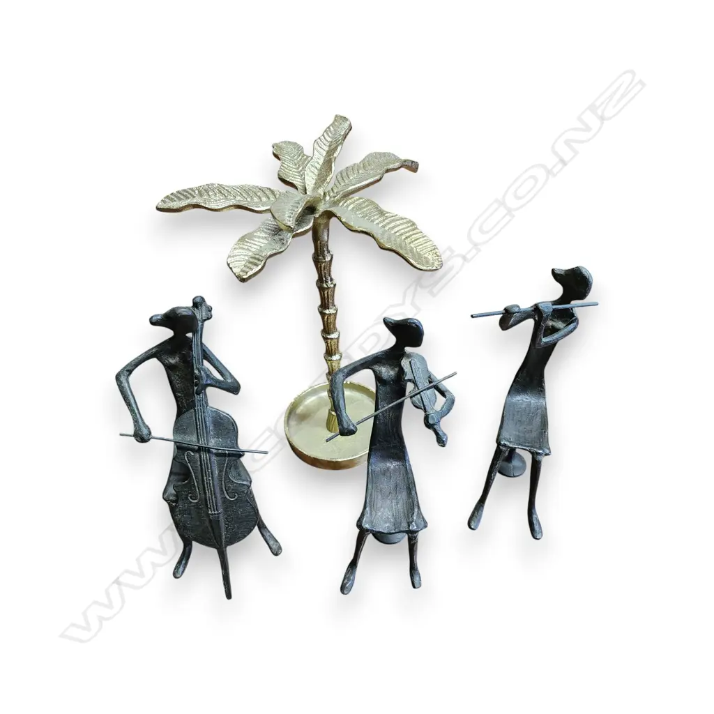 3 METAL MUSICIAN SCULPTURES AND BRASS PALM TREE Image 1++
