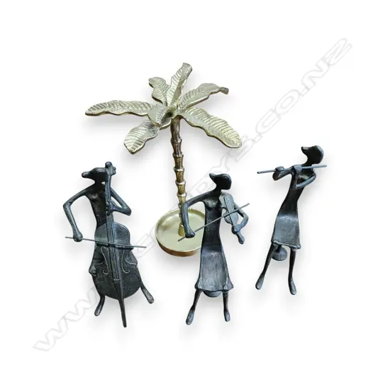 3 METAL MUSICIAN SCULPTURES AND BRASS PALM TREE