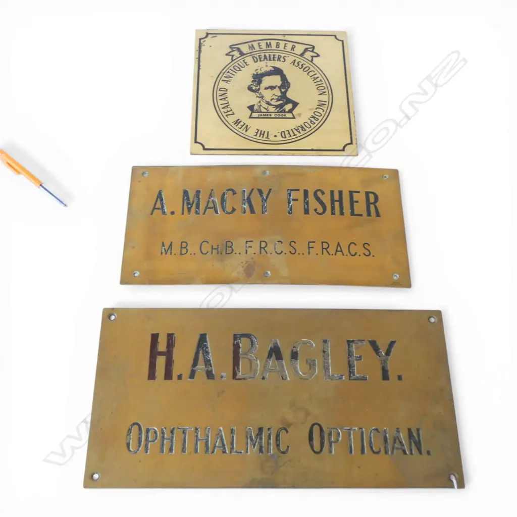 3 BRASS SIGNS; H. A. BAGLEY, A. MACKY FISHER, NZ ANTIQUE DEALERS ASSOCIATION INC. 230x230mm Image 1++