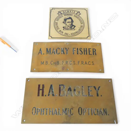 3 BRASS SIGNS; H. A. BAGLEY, A. MACKY FISHER, NZ ANTIQUE DEALERS ASSOCIATION INC. 230x230mm