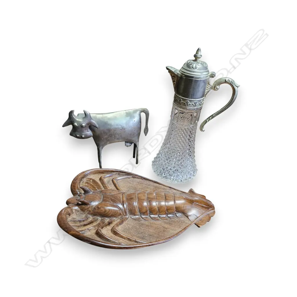 CARVED WOODEN LOBSTER PLATTER, METAL COW AND CLARET JUG Image 1++