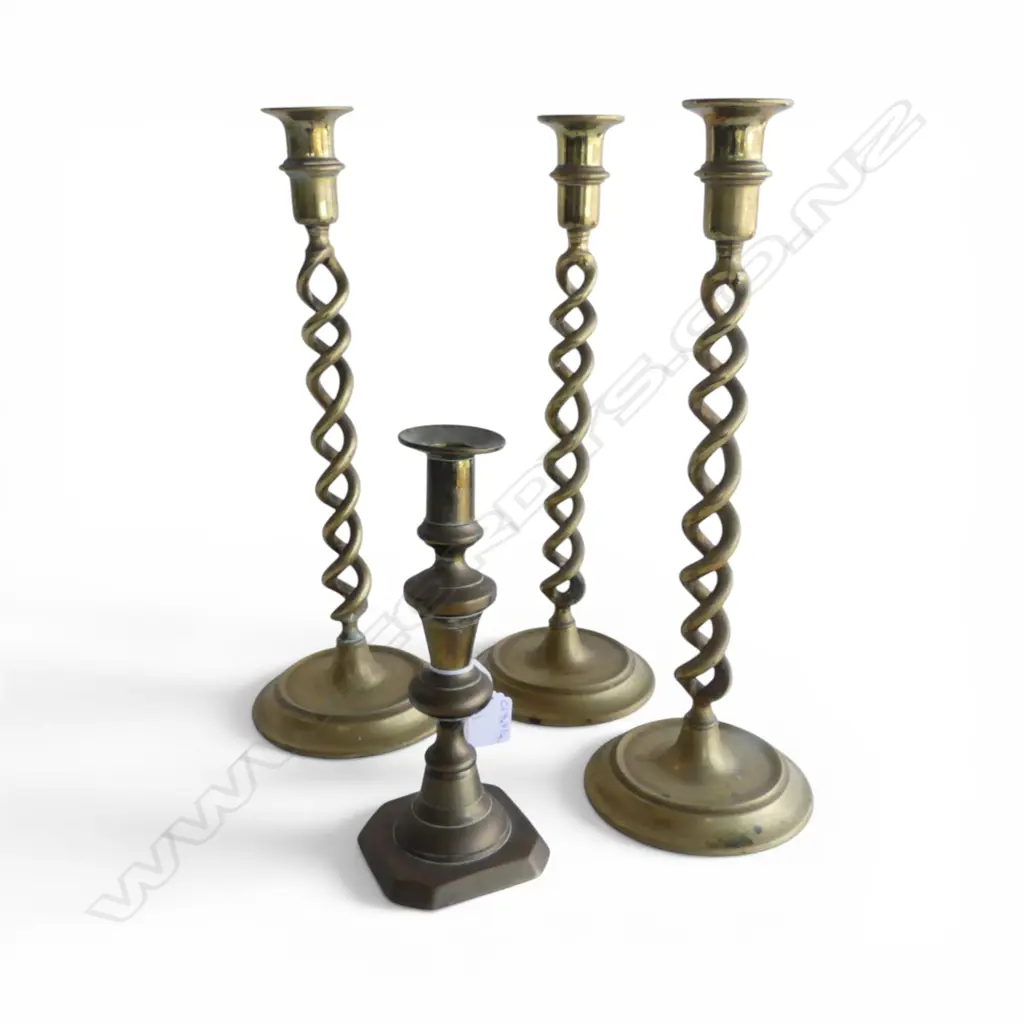4 BRASS CANDLESTICKS; 3 BARLEY TWIST H.360mm, 1 OTHER H.215mm Image 1++