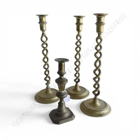 4 BRASS CANDLESTICKS; 3 BARLEY TWIST H.360mm, 1 OTHER H.215mm