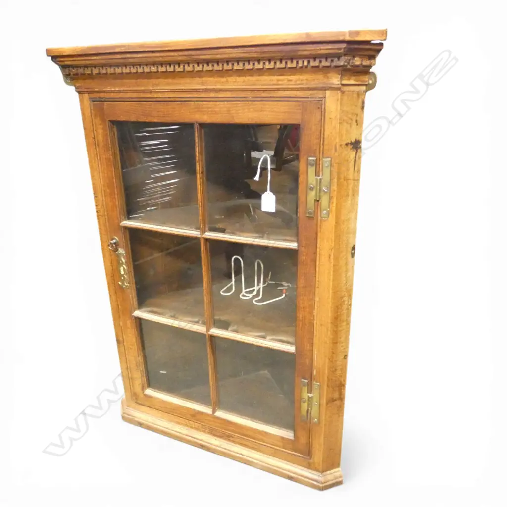 GEORGE III OAK HANGING CORNER CABINET six panel glazed door. Dentilled cornice. H.875mm Image 1++