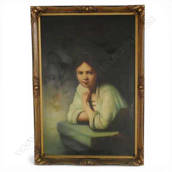 AFTER REMBRANDT, 'GIRL AT THE WINDOW', OIL ON CANVAS, 900 X 600mm  (A/F TEAR IN CANVAS)