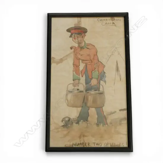 BRUCE BAIRNSFATHER, SHERRINGTON CAMP - NUMBER TWO ORDERLIES, W/C, WALLIS & WALLIS AUCTION LABEL VERSO, fault, 860x495mm