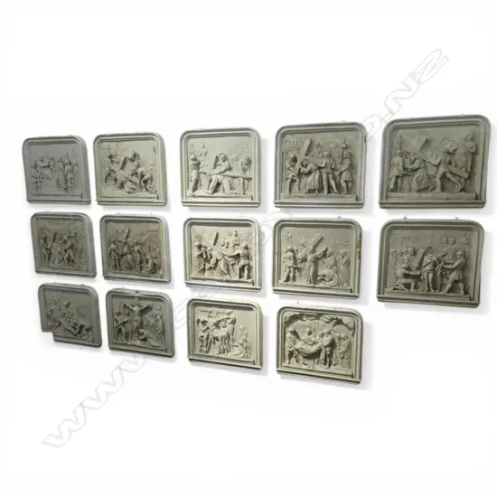 14 FRENCH c.1900s PLASTER 'STATIONS OF THE CHRIST' PANELS faults 570x60x515mm