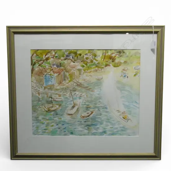 RICHARD CHRISP, BEACH SCENE WITH BOATS SHEDS AND YACHTS, WATERCOLOUR, 400x500mm