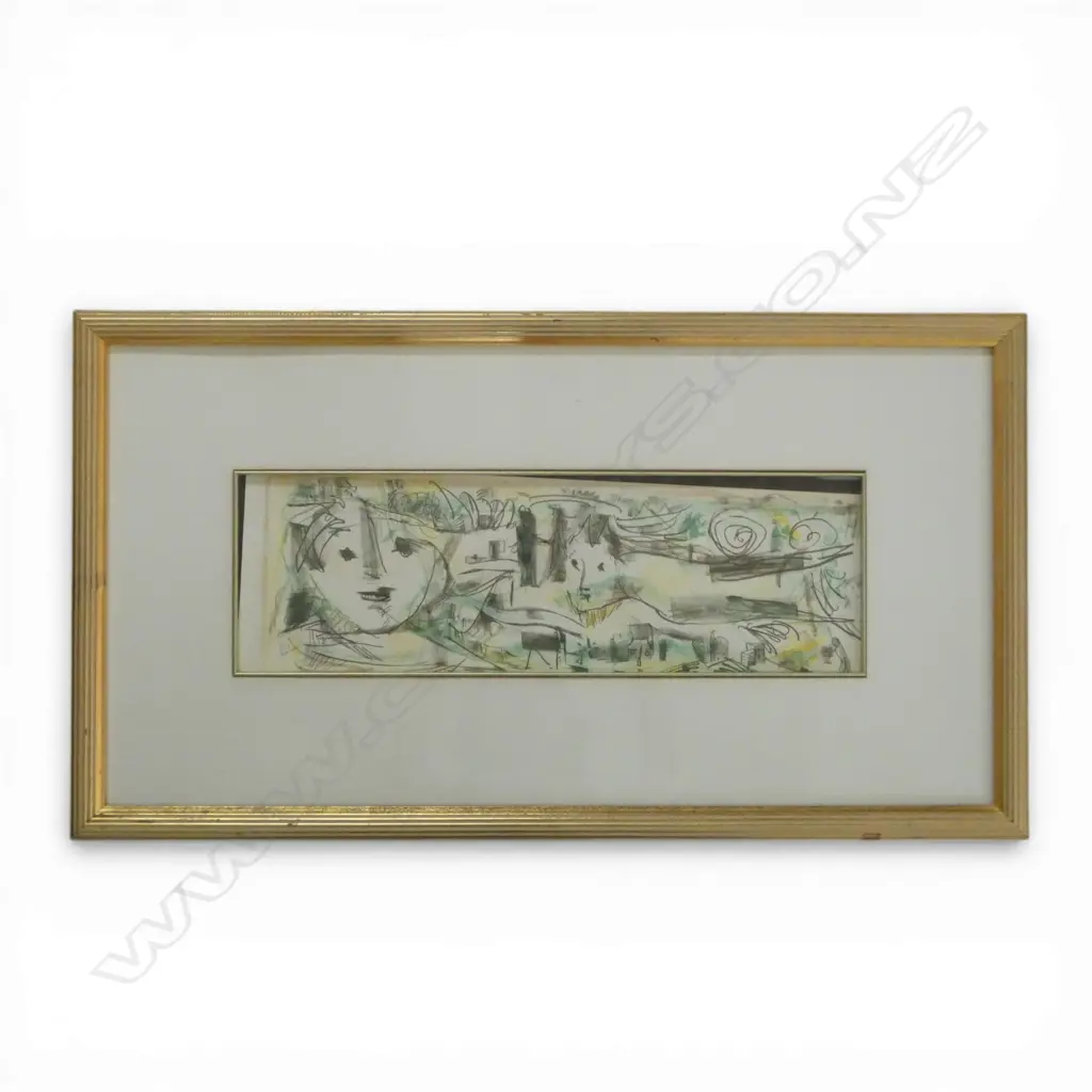 YEHUDA BACON, TOWNSCAPE AND FACES, COLOURED PENCIL AND CHARCOAL, SIGNED, 145 X 470mm (WORK HAS SLIPPED IN MOUNT) Image 1++