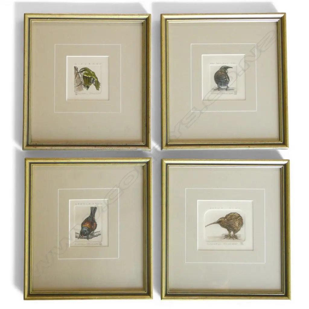 4 FRAMED PRINTS by RUSSEL JACKSON, SADDLEBACK, BROWN KIWI, TUI & RIFLEMAN, 90x100mm Image 1++