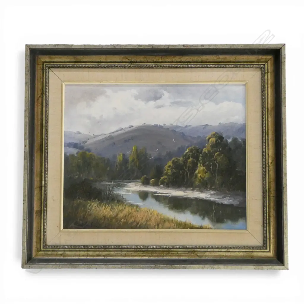 JOE HUBER, RIVER LANDSCAPE, OIL ON BOARD 395x495mm Image 1++