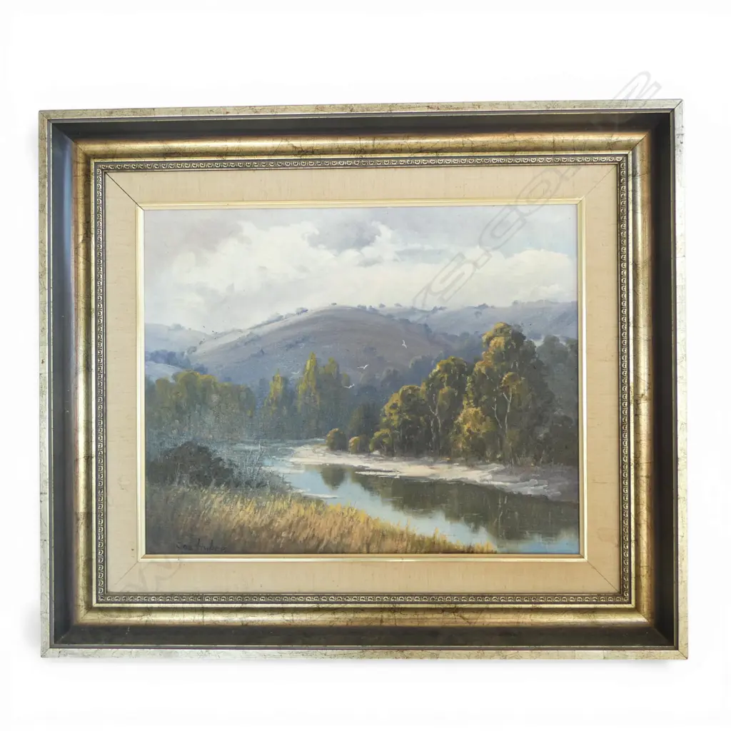 JOE HUBER, RIVER LANDSCAPE, OIL ON BOARD 395x495mm Image 1++