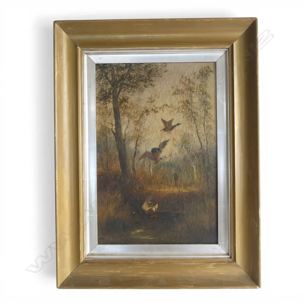 ANTIQUE OIL ON CANVAS, DUCK SHOOTING SCENE, SIGNED WAGNER? 450x300mm Image 1++