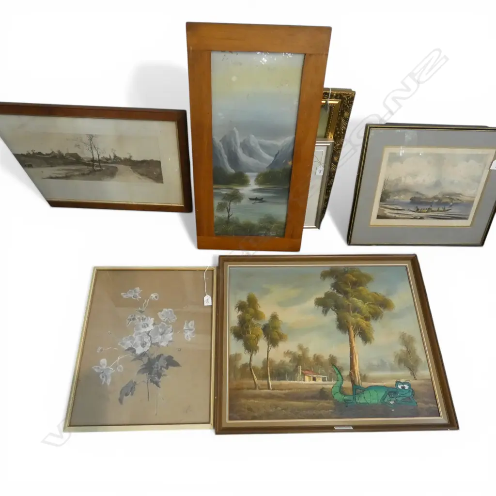 3 ARTWORKS; FLOWERS SIGNED 1905, CHAS EAST 'DART VALLEY OTAGO', PHIL HANNAGAN 'SALT WATER CROCODILE' ACRYLIC 490x620mm Image 1++