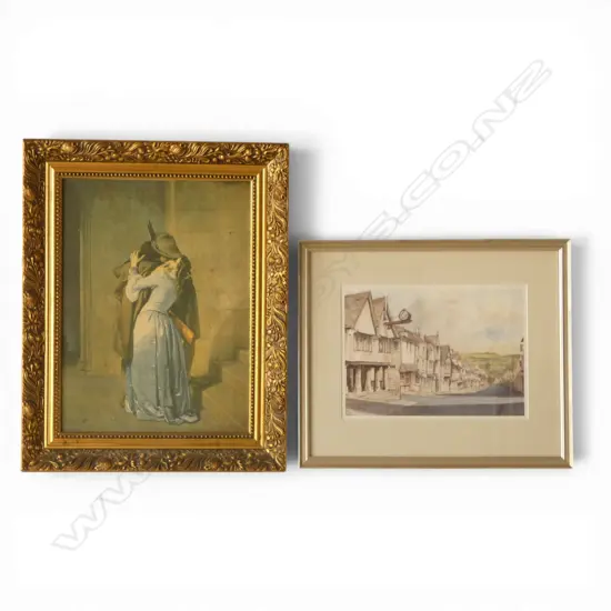 TWO PICTURES, W/C REPRO UK VILLAGE SCENE & STOLEN KISS in ornate frame