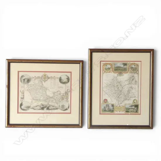 19thC FRAMED ENGLISH MAP steel engraved by Thomas Moule. Berkshire + other LEICESTERSHIRE. Both w decorative vingnettes 