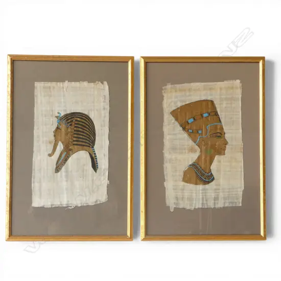 2 EGYPTIAN PAINTINGS on PAPYRUS, Queen Nefertiti & Tutankhamun, H.540 x 360mm