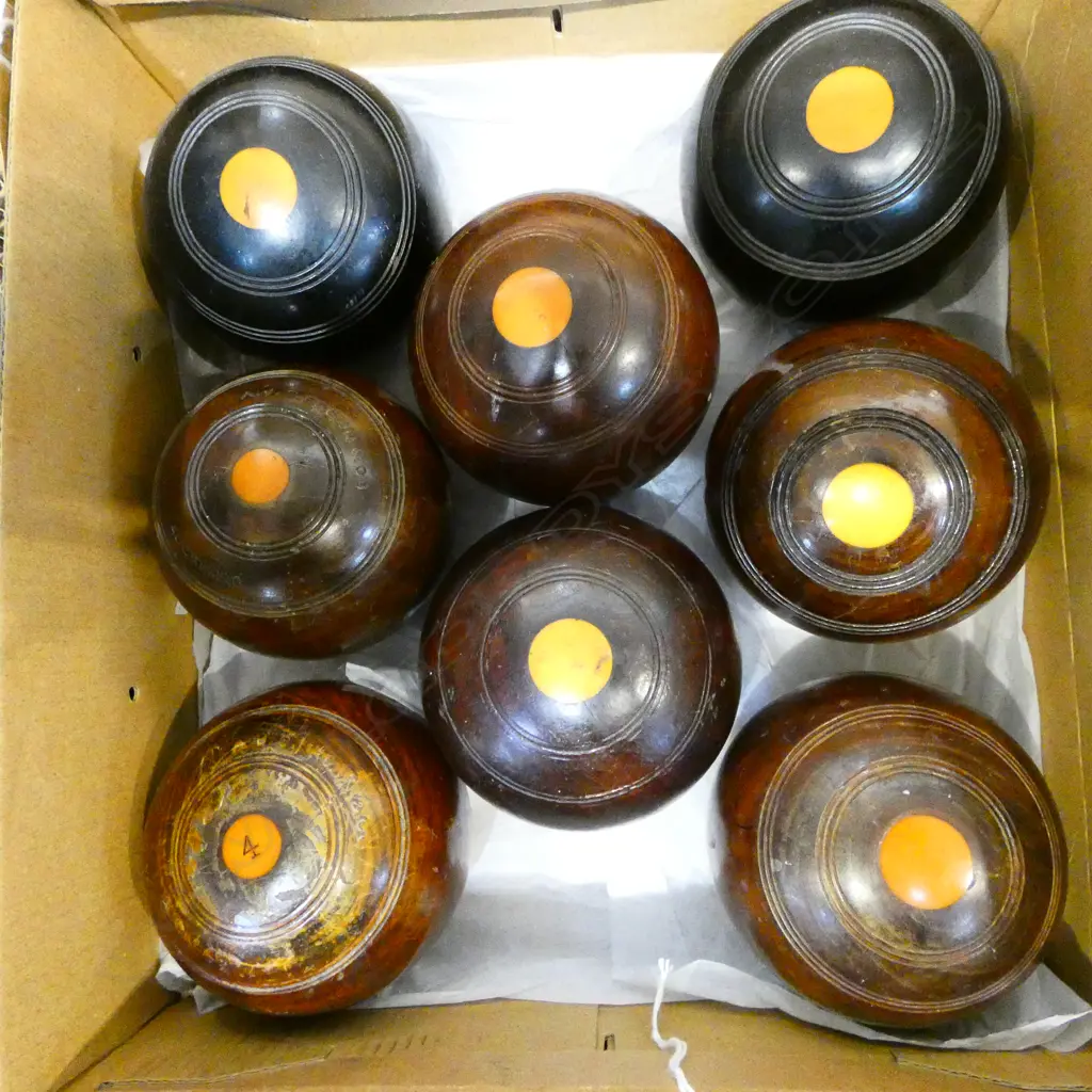 EIGHT LIGNUM VITAE WOODEN BOWLING BALLS A.J.S BROWN & CO AUCKLAND, D.100mm Image 1++