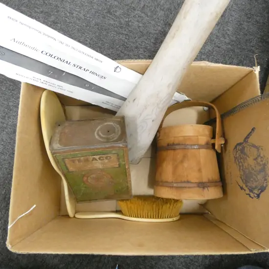 BOX OF OLD WOODEN PESTLE + TEXACO TIN + IVORY brush & mirror + wooden container etc