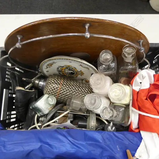 ASST. COLLECTABLES; CHEMIST BOTTLES, TRAY, LAMP, SALE FLAG, SODA SIPHON etc