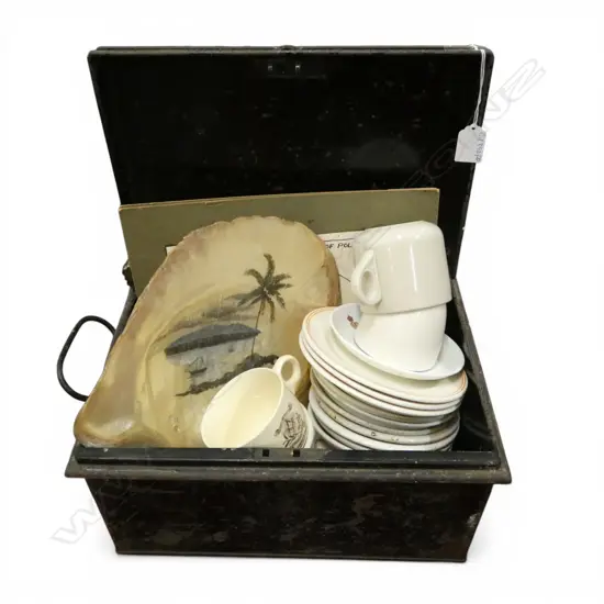 CRESTED HOTEL WARE CHINA, LG MOTHER OF PEARL SHELL, EGYPTIAN SOUVENIRS ALL IN BLACK METAL CASH BOX W.345mm