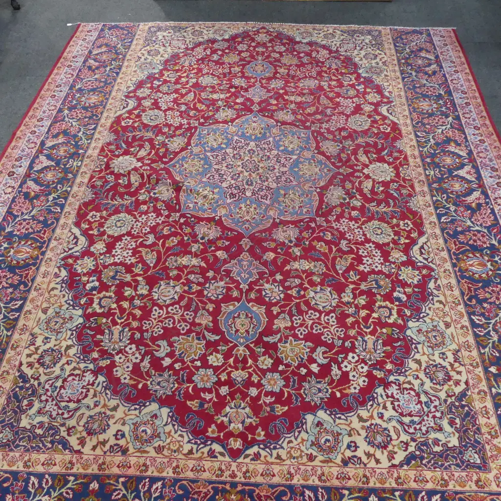 HAND KNOTTED WOOL PILE CARPET, SOME WEAR, SHORTENED ONE END 3920x3070mm Image 1++