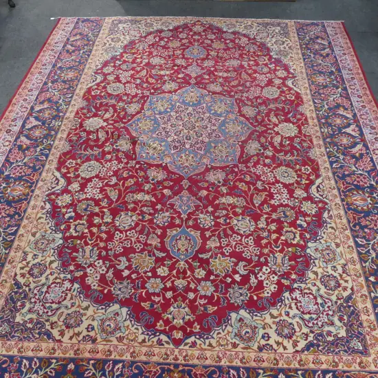 HAND KNOTTED WOOL PILE CARPET, SOME WEAR, SHORTENED ONE END 3920x3070mm