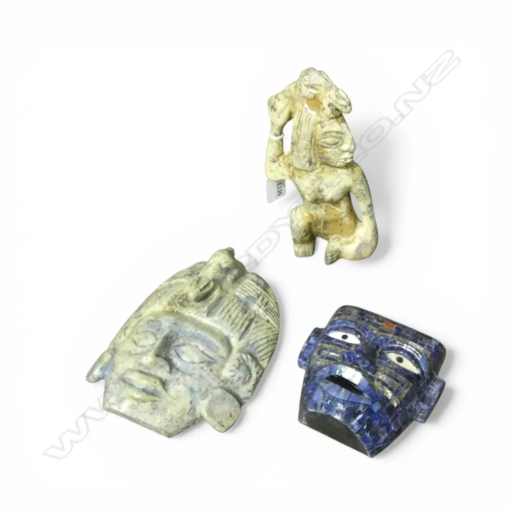 2 CARVED SOAP STONE AZTEC PIECES + MOSAIC MASK H.115mm Image 1++