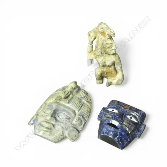 2 CARVED SOAP STONE AZTEC PIECES + MOSAIC MASK H.115mm