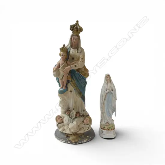 2 RELIGIOUS FIGURINES; CERAMIC H.260mm & PLASTER H.460mm BOTH AF