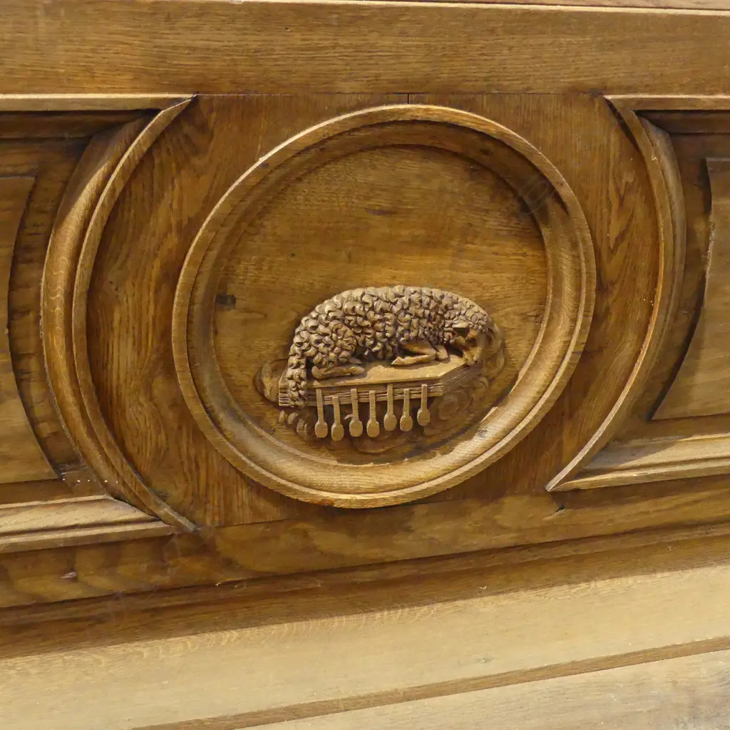 FRENCH EARLY 20thC OAK CHURCH PANELED ALTAR w. 'LAMB OF GOD & SEVEN SEALS' PANEL open back w. later shelf 1920x560x855mm Image 1++