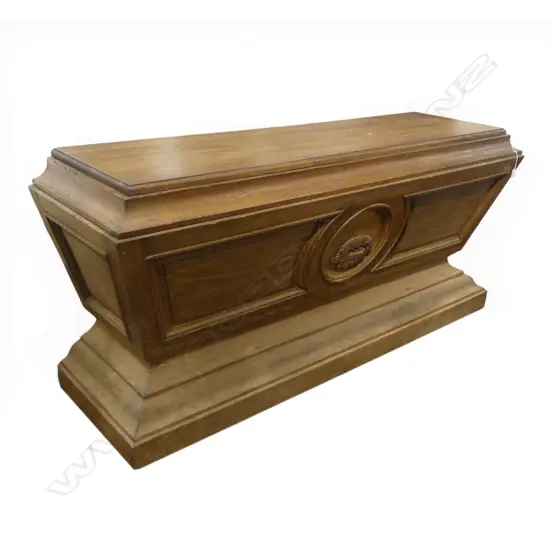 FRENCH EARLY 20thC OAK CHURCH PANELED ALTAR w. 'LAMB OF GOD & SEVEN SEALS' PANEL open back w. later shelf 1920x560x855mm